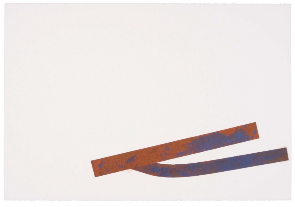 Christine Hiebert, Untitled (rd.08.10), 2008, blue tape, red earth on paper, Object: 30 x 44 in.
