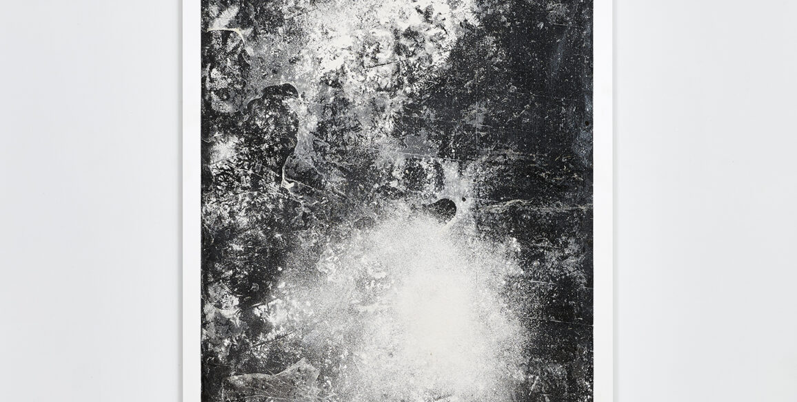 Jeffrey Meris, I, Used To Be XX, 2022, Plaster particles on roofing paper, double sided adhesive tape, 81 1/4 x 38 1/8 x 2 in.