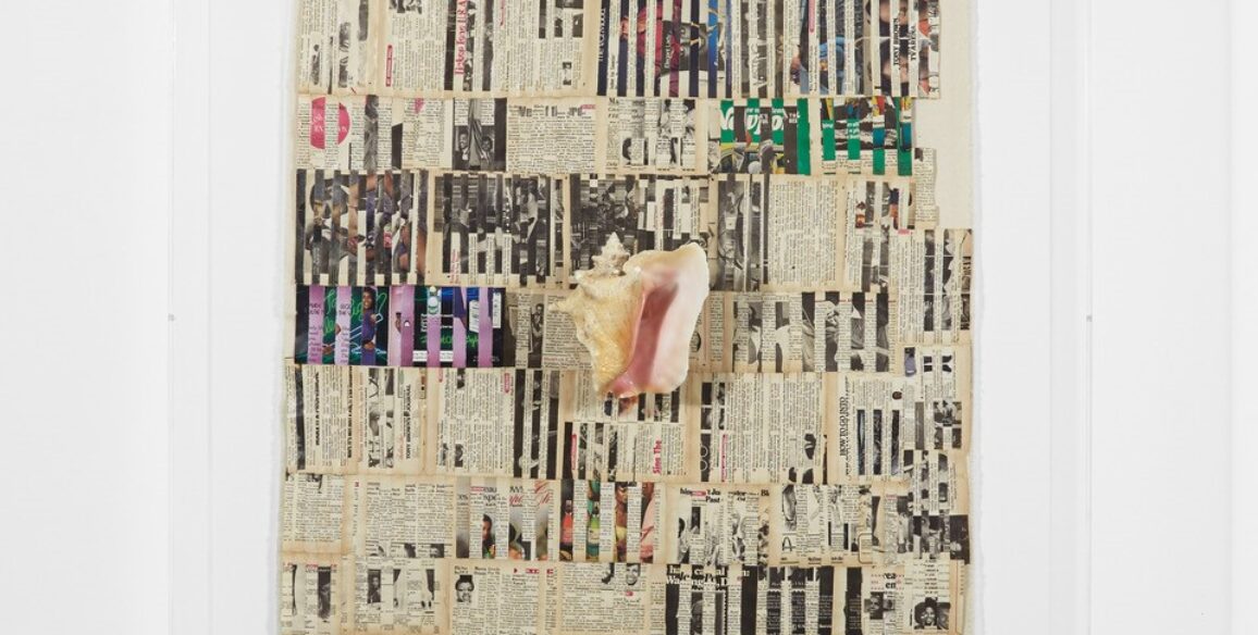 Jamal Cyrus, For the Two Southsides, 2020, collaged Jet Magazine, conch shell, canvas, cotton